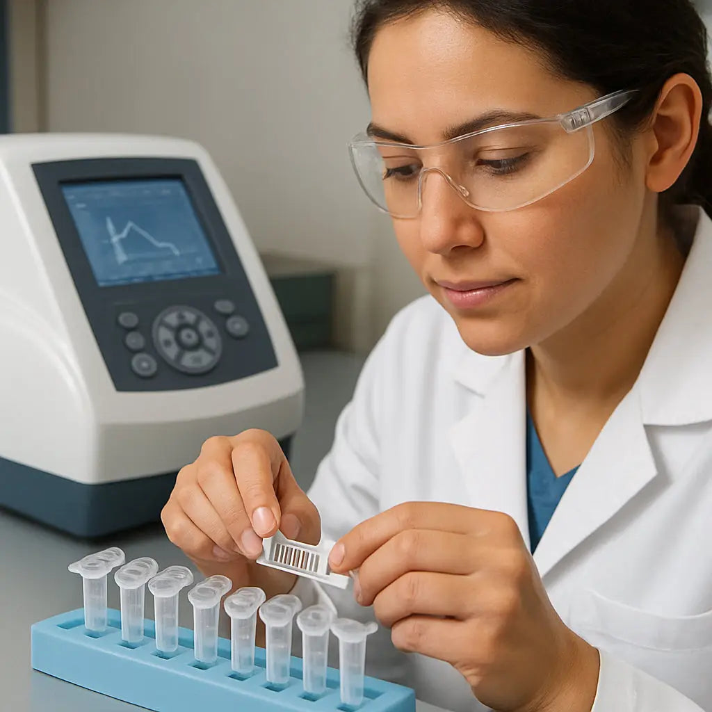A researcher labeling microcentrifuge tubes with barcode stickers next to a spectrophotometer. Alt: spectrophotometer data collection and sample labeling.