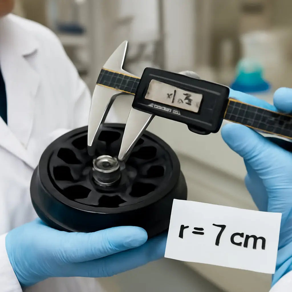 A close‑up of a lab technician measuring the rotor radius of a microcentrifuge with a digital caliper, lab bench background, clear label showing “r = 7 cm”. Alt: rcf to rpm calculator guide illustration.