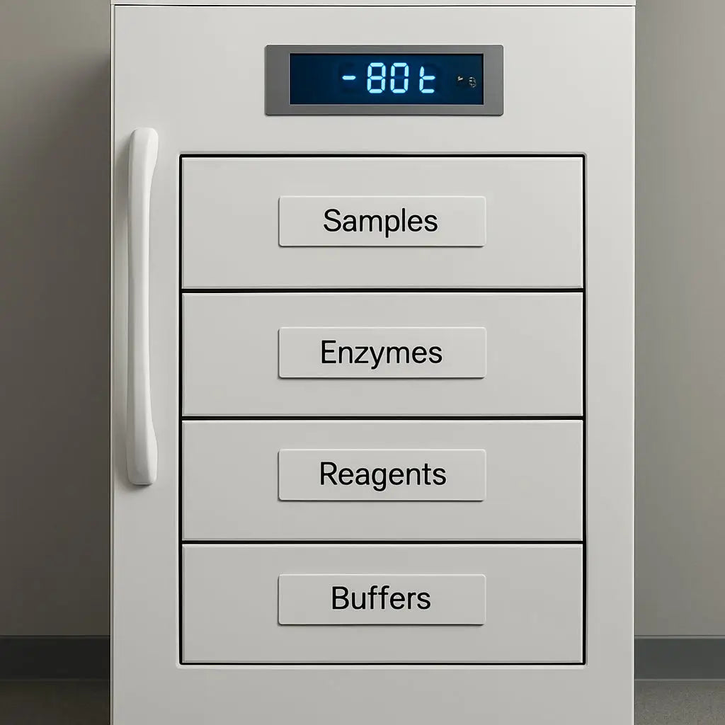 A modern lab freezer with labeled drawers and a digital temperature display. Alt: Ultra low temperature freezer interior view.
