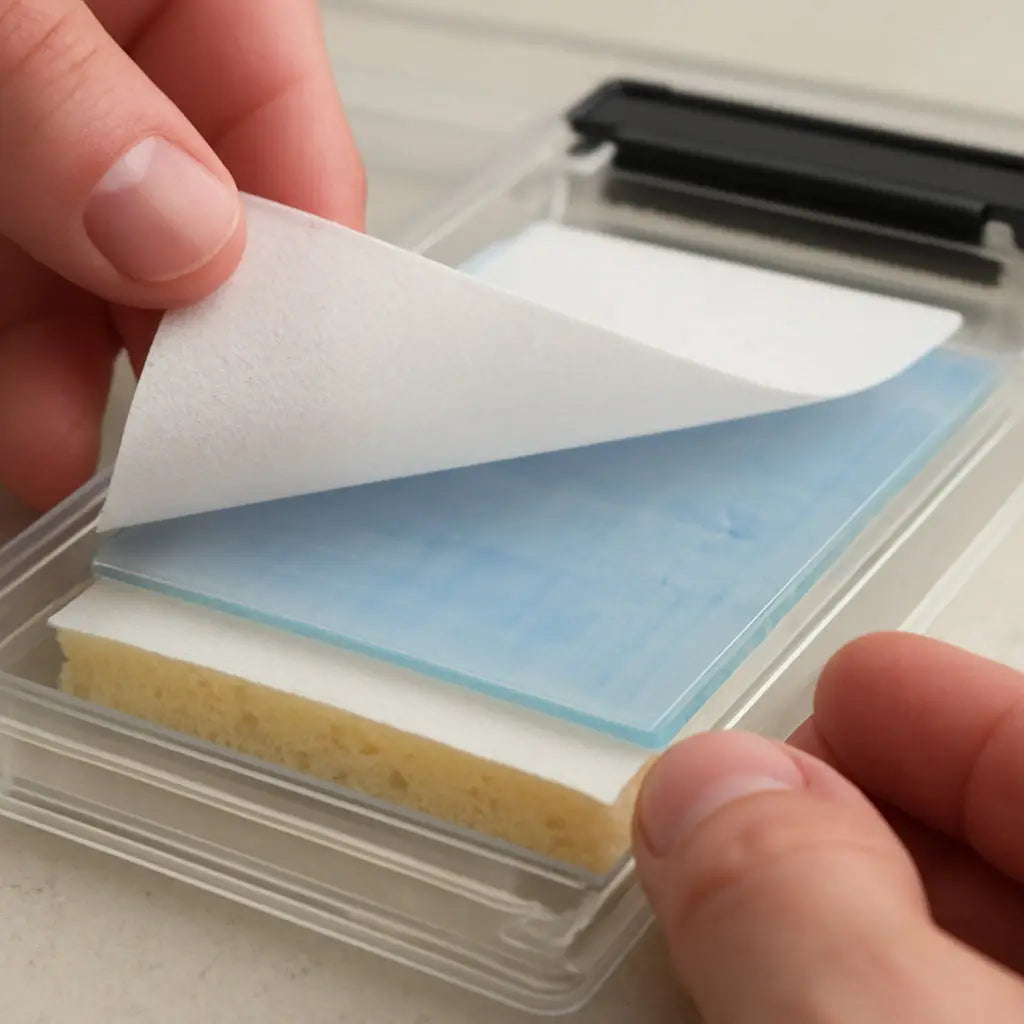 A close‑up of a wet transfer cassette being assembled, showing sponge, filter paper, gel, and PVDF membrane layers. Alt: western blot gel and membrane preparation for transfer