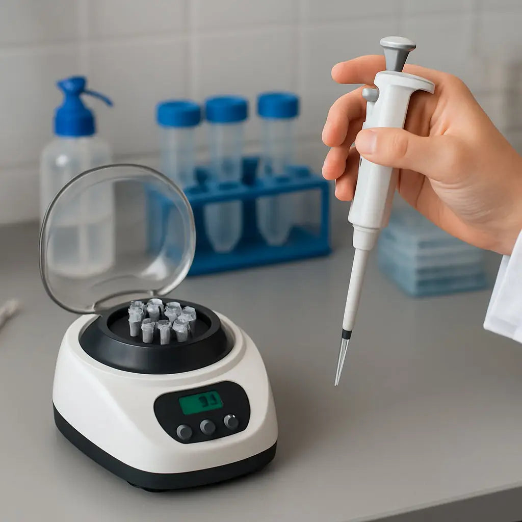 A modern lab bench with a compact microcentrifuge spinning a set of 1.5 ml micro‑tubes, with a researcher’s hand reaching for a pipette. Alt: Microcentrifuge in use on a lab bench, highlighting compact design and sample tubes.