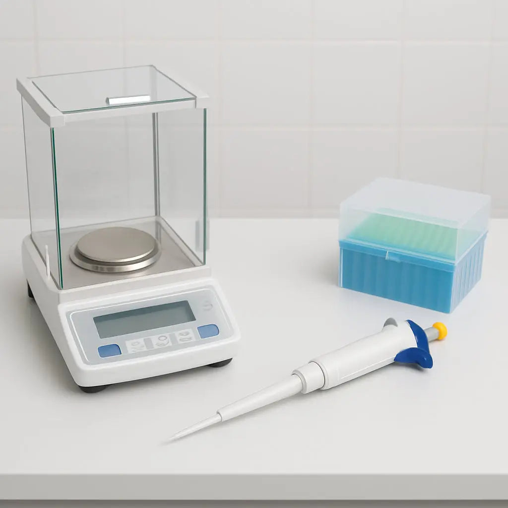 A clean laboratory bench with an analytical balance, a micropipette, and a tip box neatly arranged. Alt: Micropipette calibration workspace with balanced equipment and clear workspace.