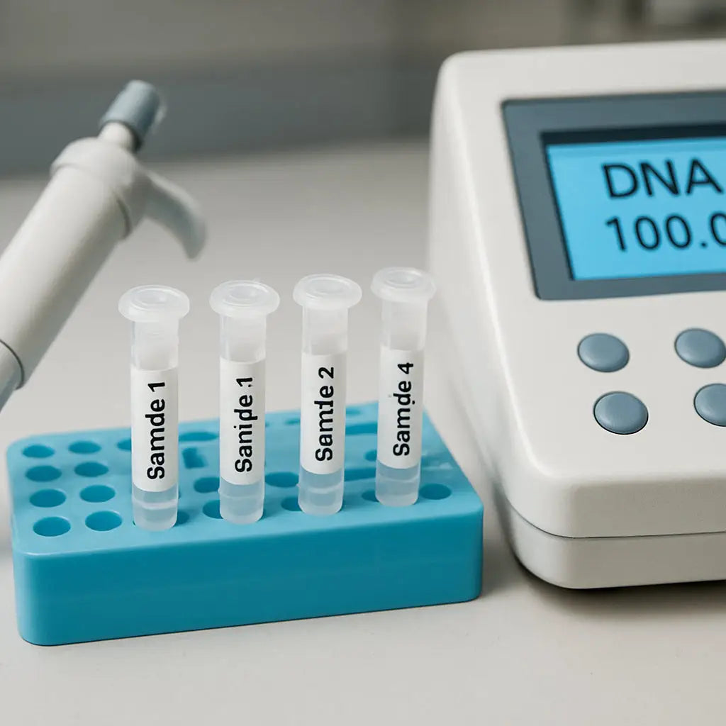A close‑up of a lab bench with labeled microcentrifuge tubes, a pipette, and a spectrophotometer displaying a clean DNA sample readout. Alt: Sample collection and preparation for PCR steps explained.