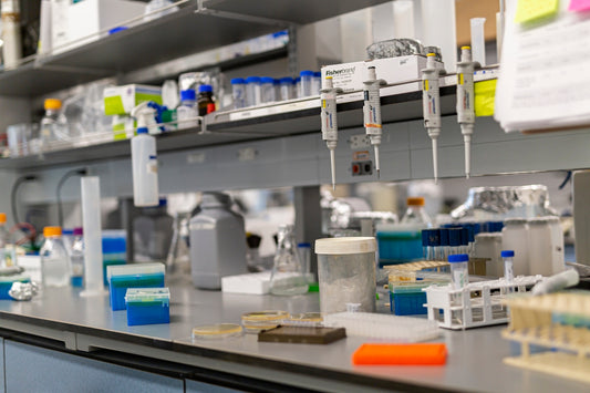 A laboratory bench is full of scientific equipment.