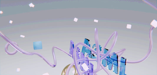 Abstract composition with purple tubes, blue shapes, and scattered squares.