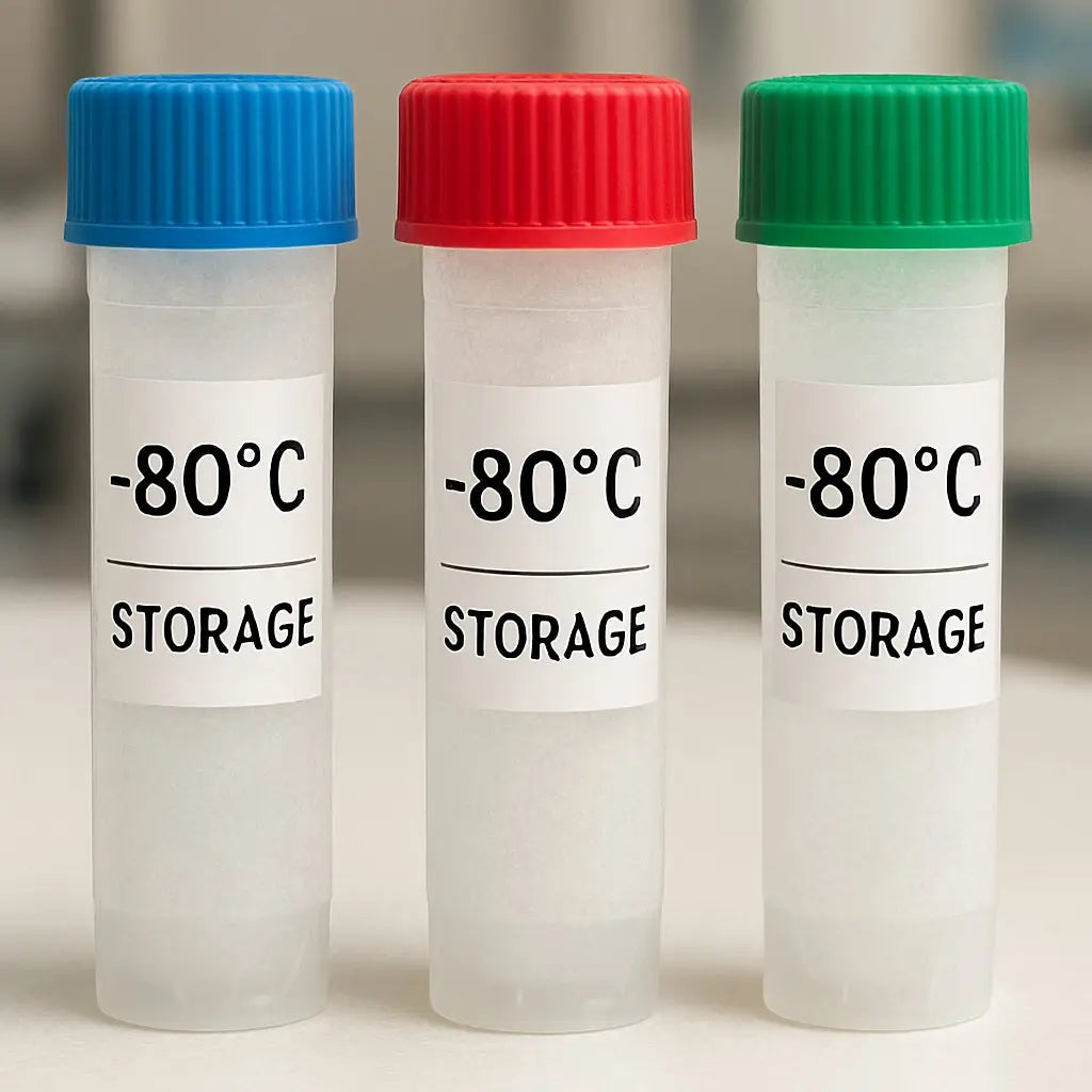 A descriptive prompt for an AI image generator, related to the surrounding text. Alt: Polypropylene tubes in a research lab, marked for –80°C storage with clear labels and colored caps.