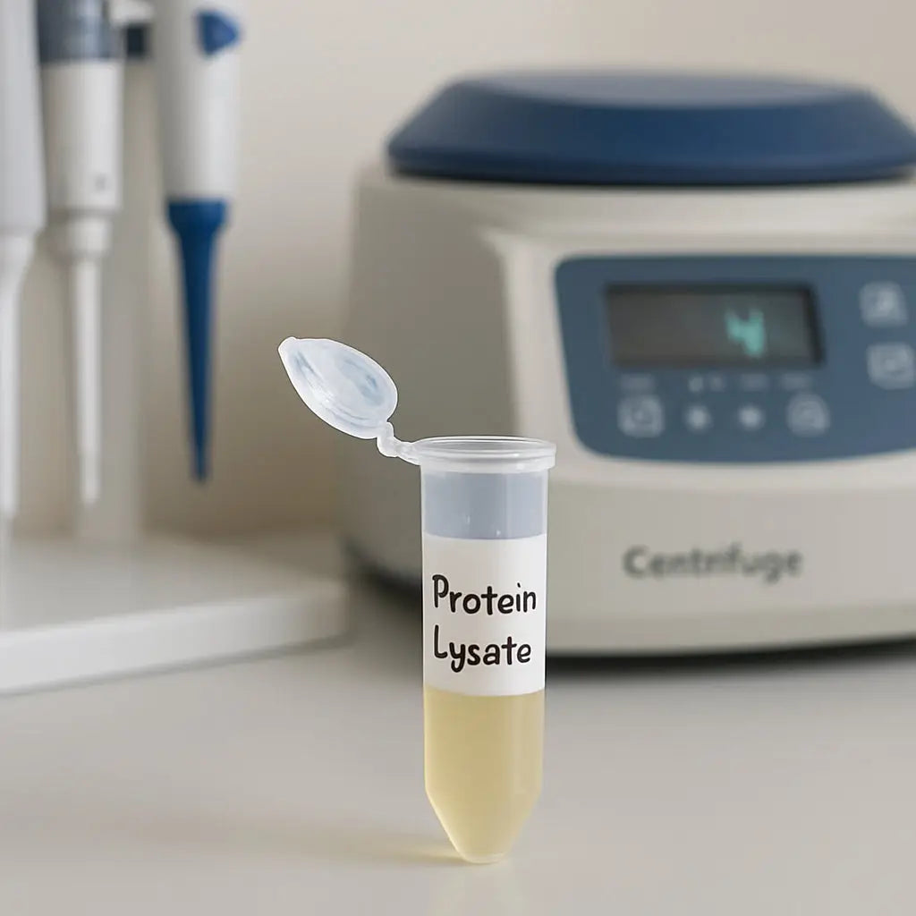 A laboratory bench with a chilled centrifuge, pipettes, and a clear tube of protein lysate ready for loading. Alt: Sample preparation for western blot steps