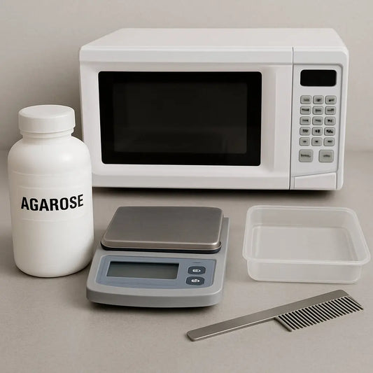 A lab bench with agarose powder, a digital scale, a microwave, a casting tray, and a metal comb neatly arranged. Alt: How to gather materials and equipment for making an agarose gel