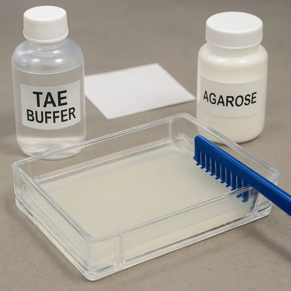 A lab bench with a poured agarose gel and comb in electrophoresis tray, bottles of TAE buffer and agarose powder nearby. Alt: Agarose gel casting with comb and buffer, gel electrophoresis steps.