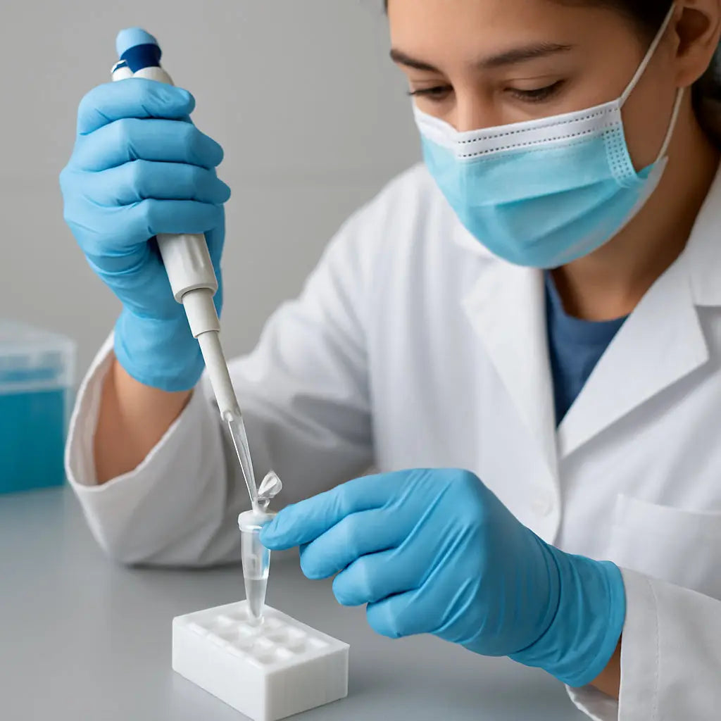 A lab technician carefully pipetting clear lysate into a silica spin column, with a backdrop of RNase‑free bench space. Alt: RNA extraction clean template for reverse transcription PCR