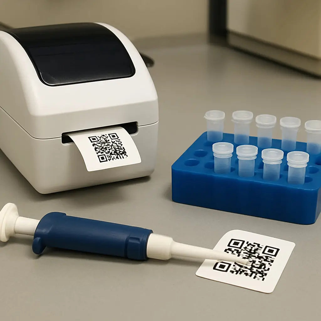 A lab bench with chilled microcentrifuge tubes, a pipette, and a label printer printing QR‑code labels for samples. Alt: Sample preparation for trizol rna extraction protocol showing chilled tubes and labeling equipment.