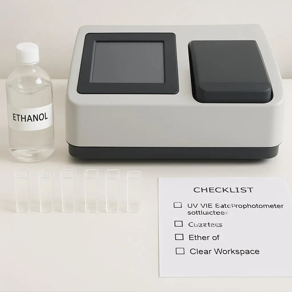 A clean laboratory bench with a UV‑Vis spectrophotometer, quartz cuvettes neatly arranged, a bottle of ethanol, and a labeled checklist. Alt: UV‑Vis spectrophotometer workspace preparation for calibration
