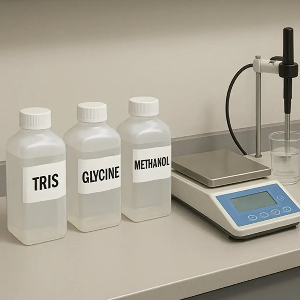 A lab bench with labeled bottles of Tris, glycine, and methanol, a balance, and a pH meter. Alt: Western blot transfer buffer recipe preparation station