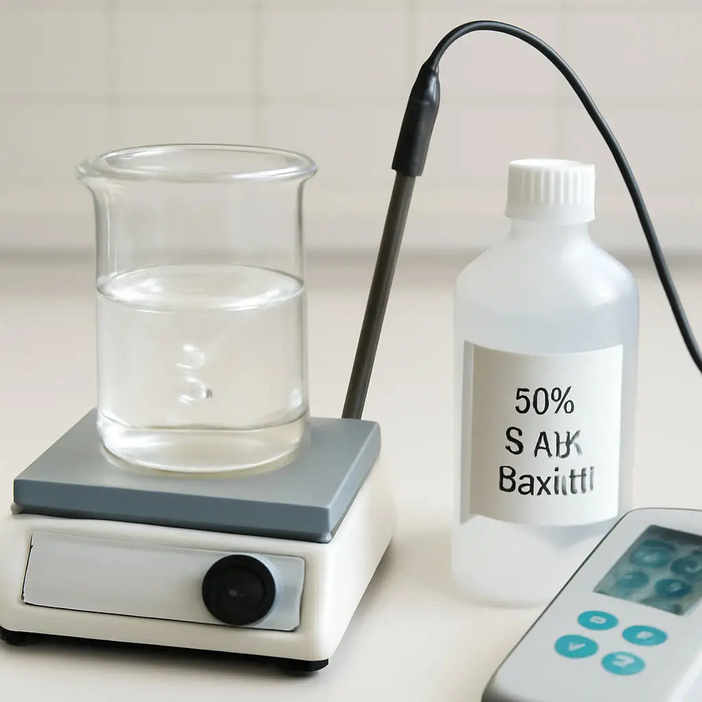 A bright laboratory bench with a beaker of clear solution, a magnetic stir bar spinning, a pH meter, and a labeled bottle of 50× TAE buffer. Alt: TAE buffer recipe 50x preparation materials and reagents.