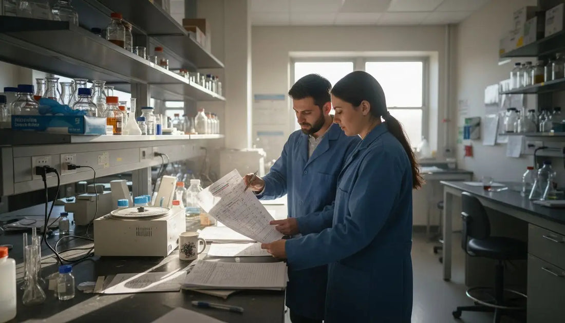 Lab technicians reviewing standardized workflow checklist