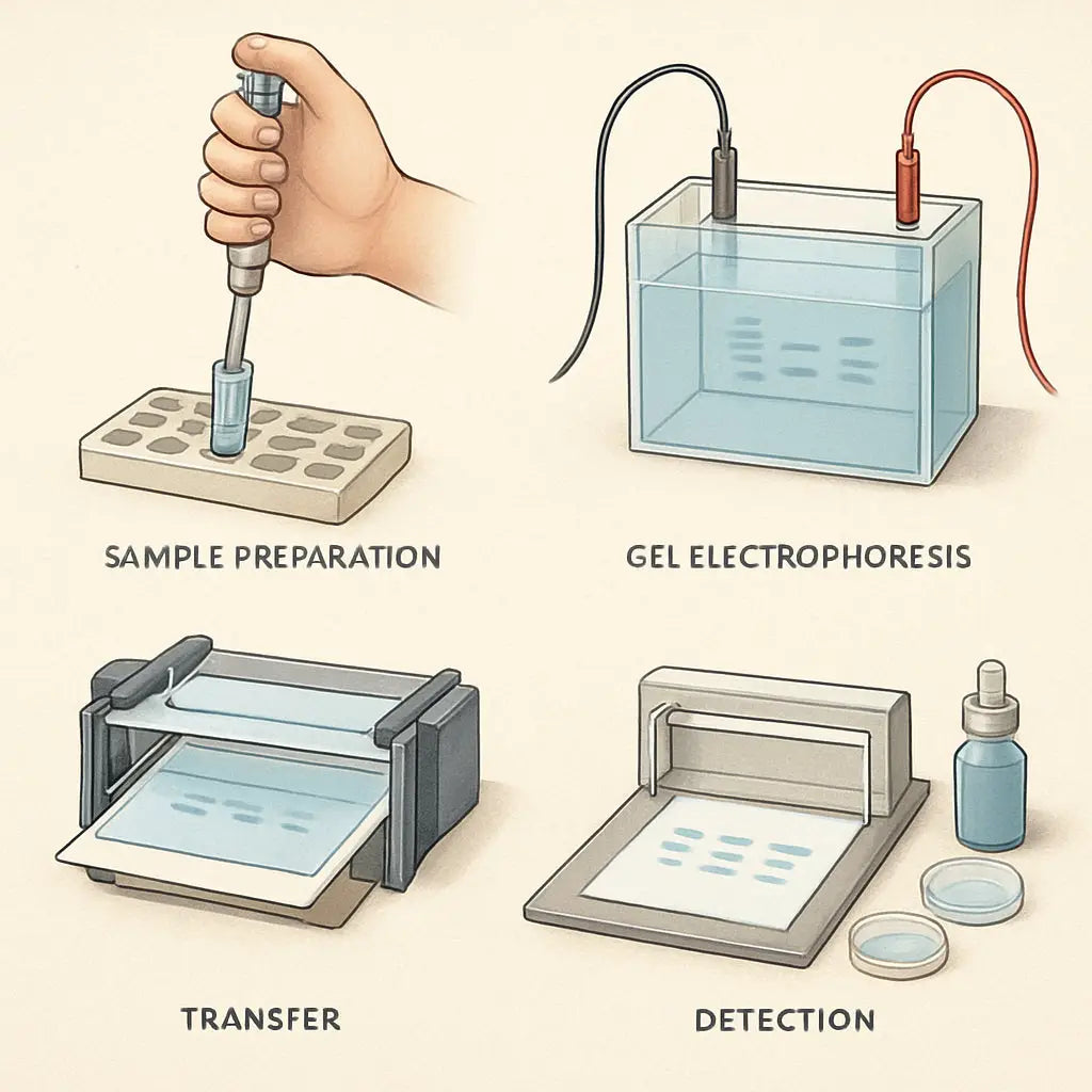A high‑resolution illustration of a Western blot workflow, showing sample preparation, gel electrophoresis, transfer, and detection. Alt: Western blot troubleshooting sample preparation steps