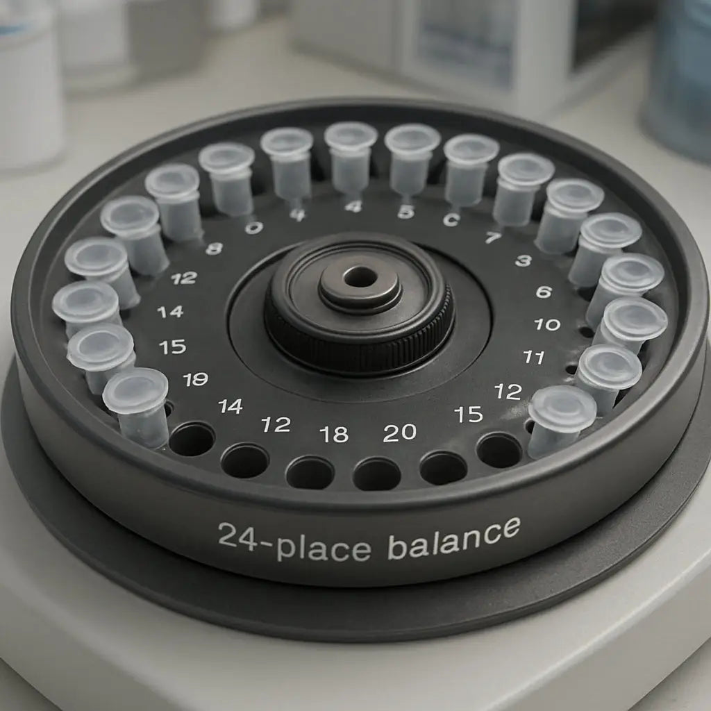 A detailed illustration of a microcentrifuge rotor with labeled 1–24 positions, showing a 24‑place balance, in a modern laboratory setting. Alt: Microcentrifuge rotor with labeled positions