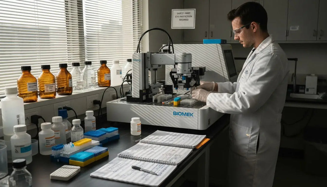 Lab technician prepares samples at automation station