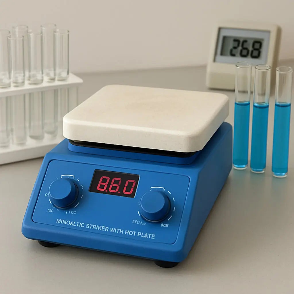 A lab bench displaying a magnetic stirrer with a 9‑inch heated plate in the center, surrounded by test tubes and a temperature readout panel. Alt: Magnetic stirrer with hot plate in laboratory setting.
