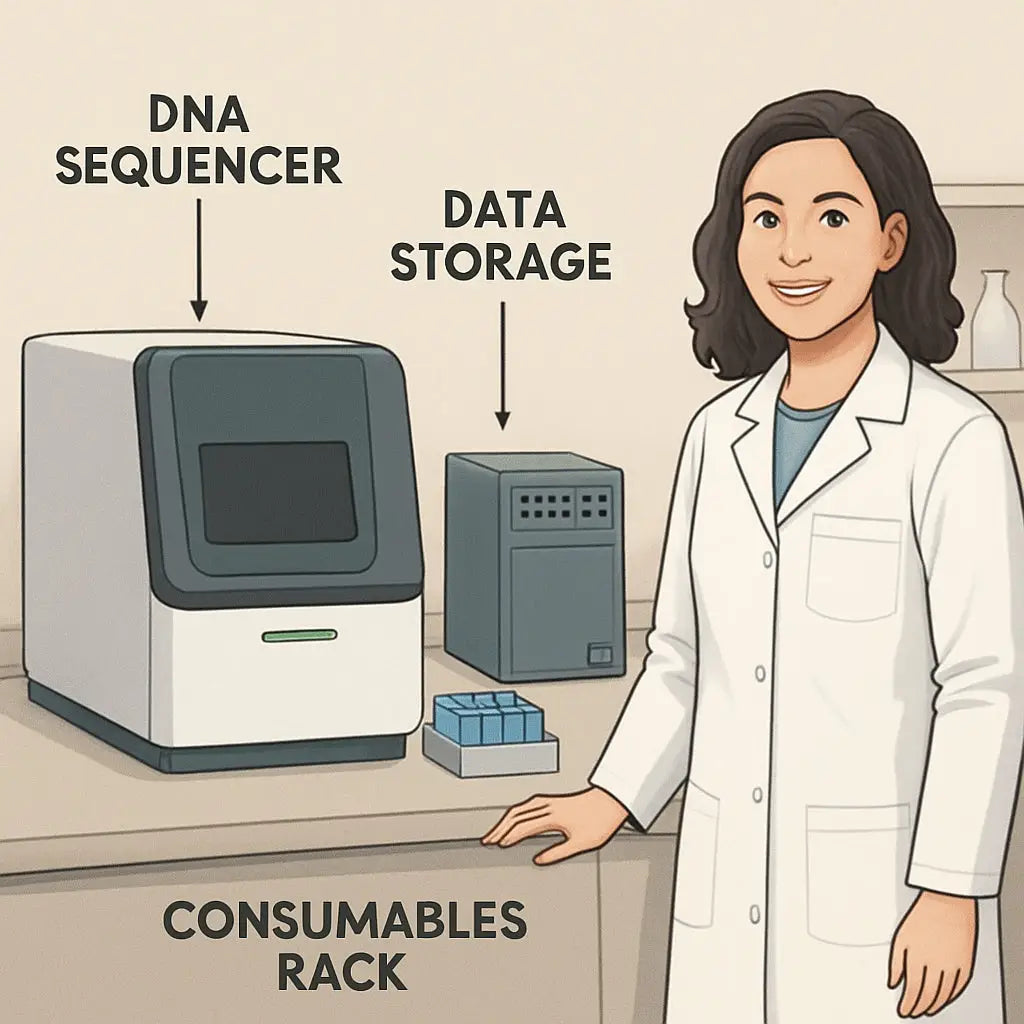 A detailed schematic of a lab layout showing a DNA sequencer, consumables rack, and data storage unit, with a researcher in a lab coat. Alt: DNA sequencing lab setup illustration