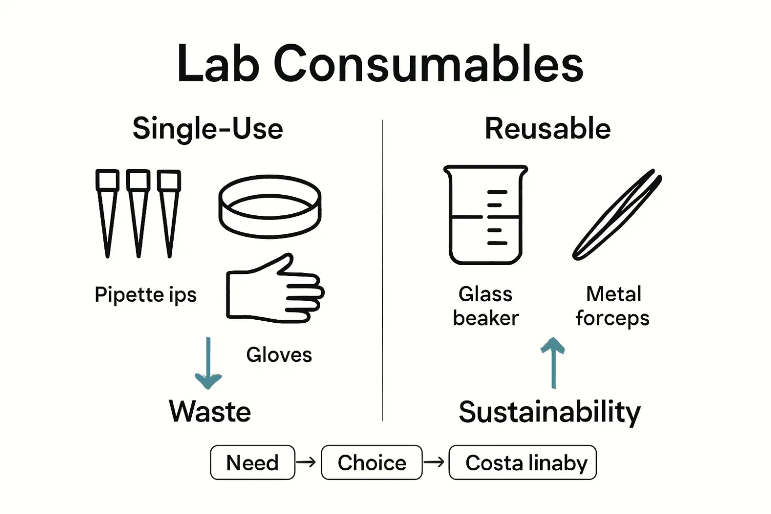 Infographic comparing single-use and reusable lab consumables with environmental impact arrows
