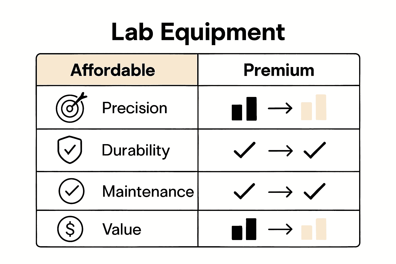 Infographic visually comparing affordable and premium lab equipment on precision, durability, maintenance, and value.