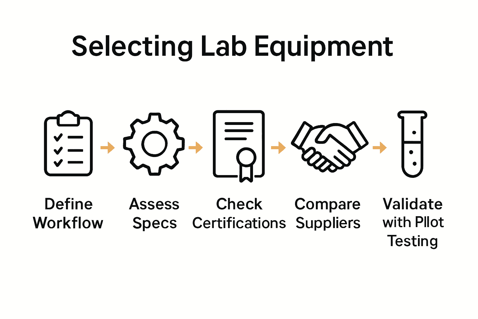 Infographic showing 5 steps for selecting lab equipment with icons and arrows.
