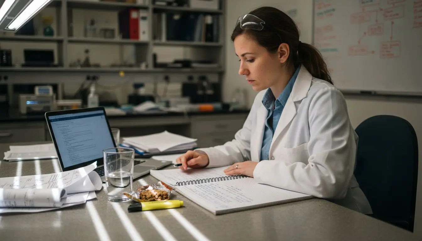 Scientist documenting lab research at desk