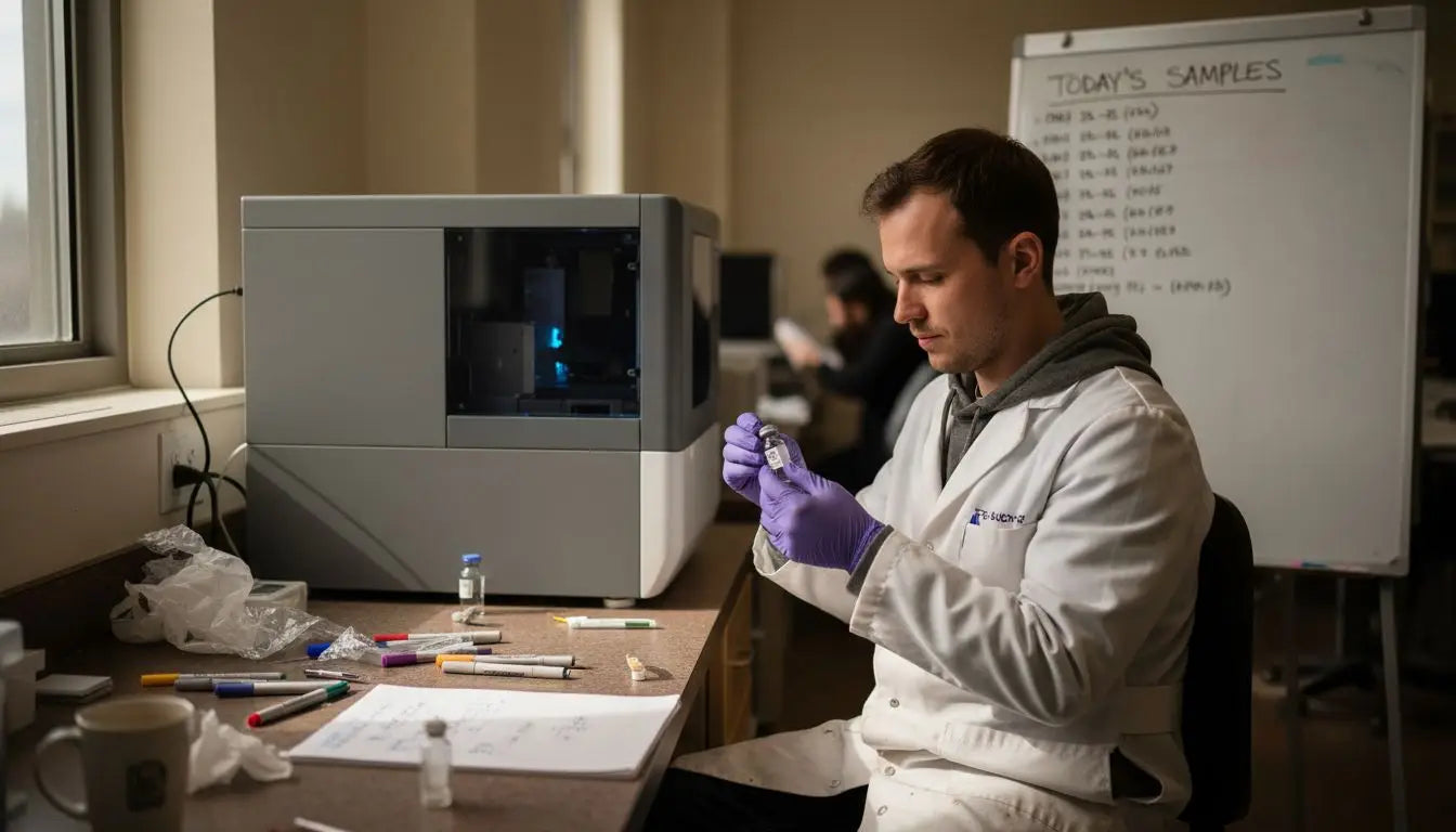 Lab technician labels samples near sequencer
