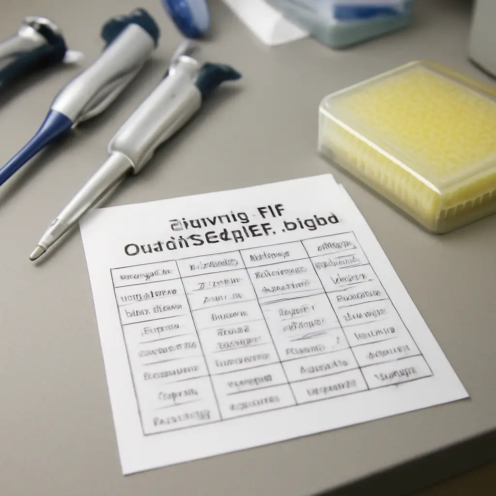 A lab bench with various pipettes and a printed tip compatibility chart open beside a set of pipette tips. Alt: Pipette tip compatibility chart on a lab bench.