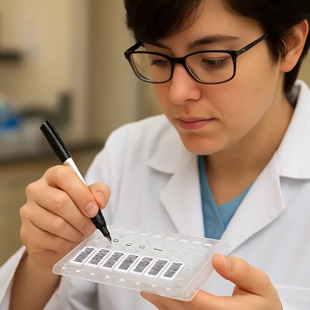 A researcher carefully labeling qPCR plate wells with clear barcoded stickers, focusing on accurate sample identification. Alt: qPCR sample preparation labeling for melt curve analysis.