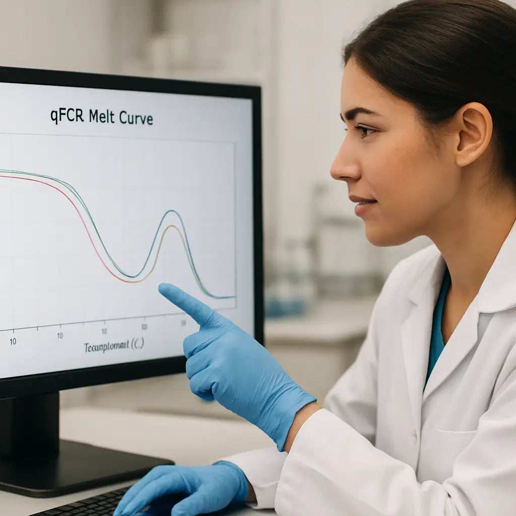 A laboratory technician examining a qPCR melt curve on a computer screen, pointing at an unexpected shoulder peak. Alt: troubleshooting qpcr melt curve analysis with visual cues.