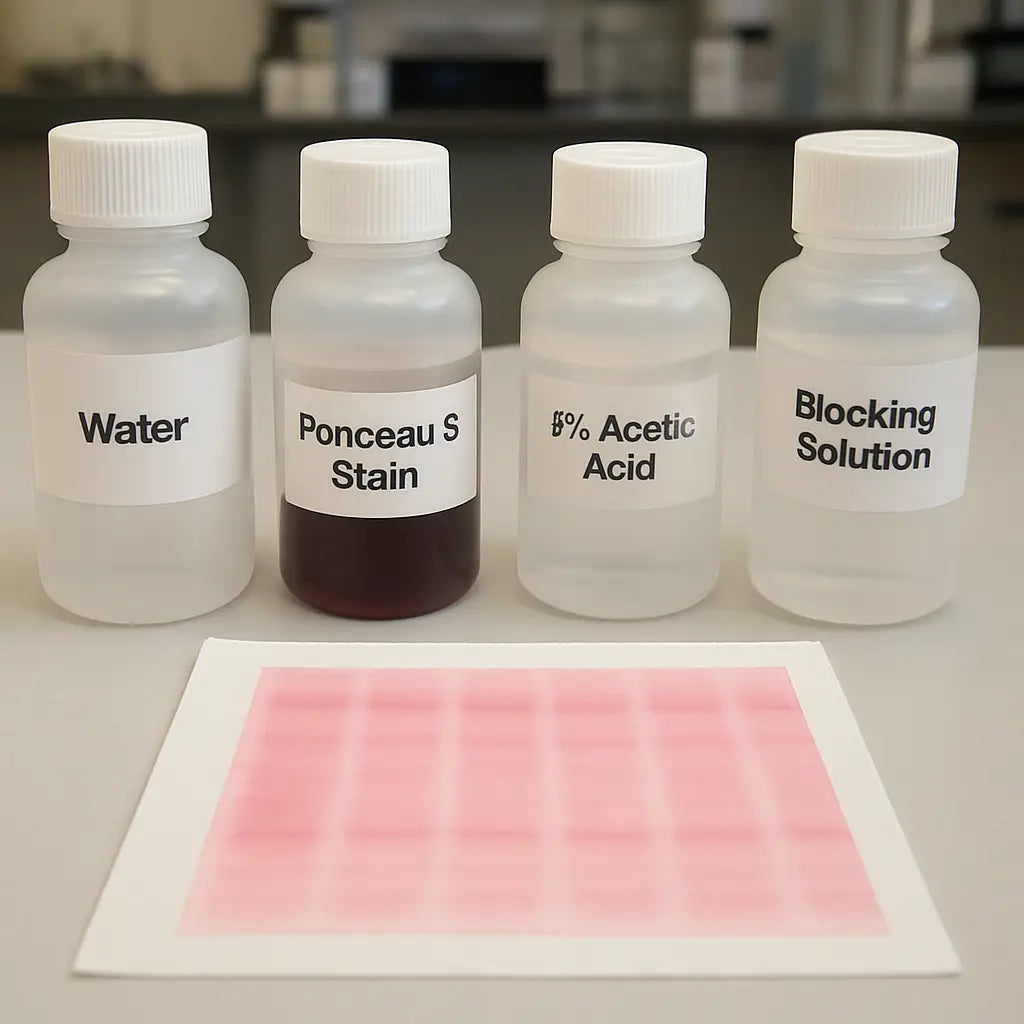 A lab bench with labeled reagent bottles and a membrane stained with Ponceau S. Alt: Ponceau S staining protocol reagents and solutions