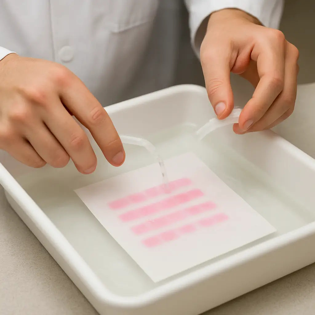 A researcher gently rinsing a membrane in a wash tray, showing clear pink bands after destaining. Alt: Destained membrane with visible protein bands after Ponceau S staining