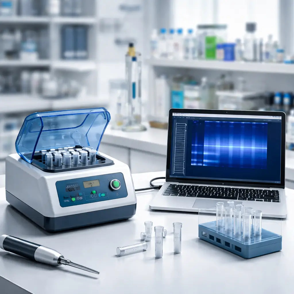 A photorealistic lab bench in a modern teaching lab, showing an affordable benchtop DNA shearing device connected to a laptop, with disposable spin-columns nearby and a gel image on the screen. Alt: photorealistic lab bench with affordable benchtop DNA shearing device and gel readout for academic and CRO labs.