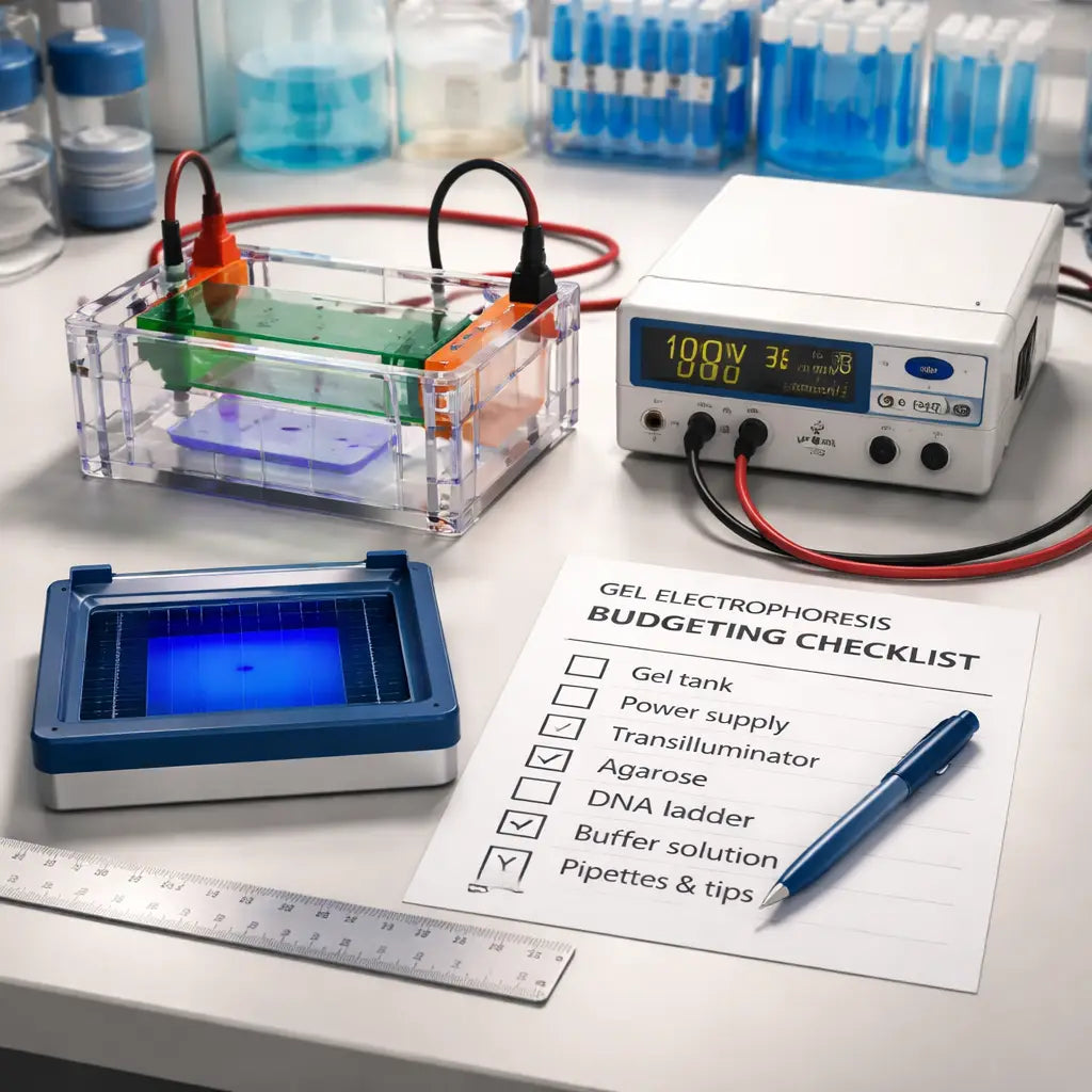 A photorealistic laboratory bench showing a compact acrylic gel electrophoresis tank, low‑voltage power supply, and blue‑light transilluminator neatly arranged on a clutter‑free surface, with a ruler and a printed checklist visible, highlighting the budgeting process for an affordable benchtop gel electrophoresis system. Alt: Affordable benchtop gel electrophoresis system budgeting checklist on lab bench.
