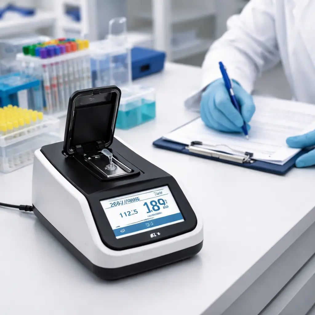 A photorealistic scene of a compact DNA quantification device on a lab bench in a modern genomics lab, showing a small sample drop and a clear 7-inch touchscreen. Alt: affordable DNA quantification device on lab bench for genomics research.