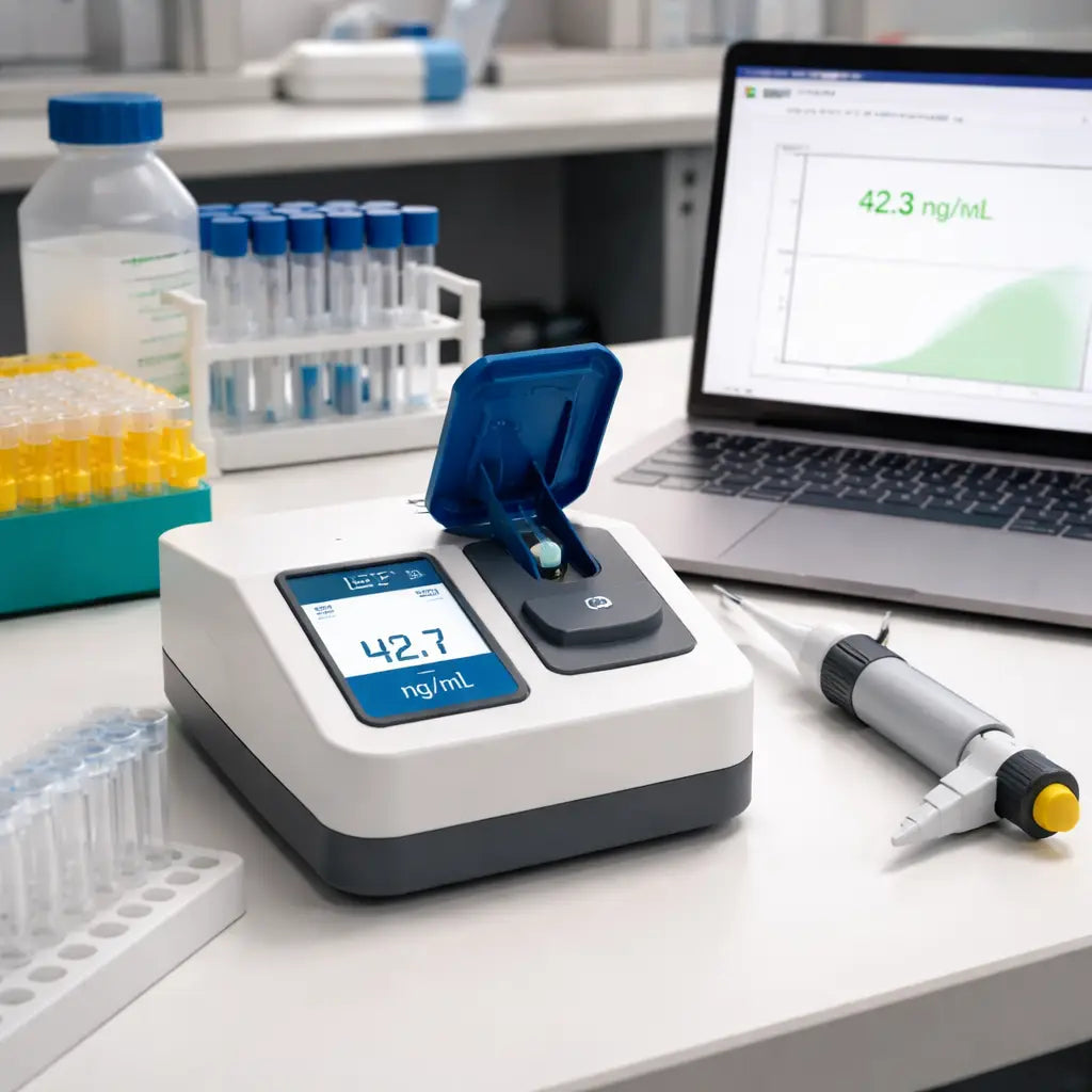 A photorealistic lab bench with a compact DNA quantification device, a 1 µL droplet on the pedestal, and a researcher recording results in a notebook; clean, modern genomics lab setting in a university or CRO environment. Alt: affordable DNA quantification device on bench ready for daily use in a research lab.