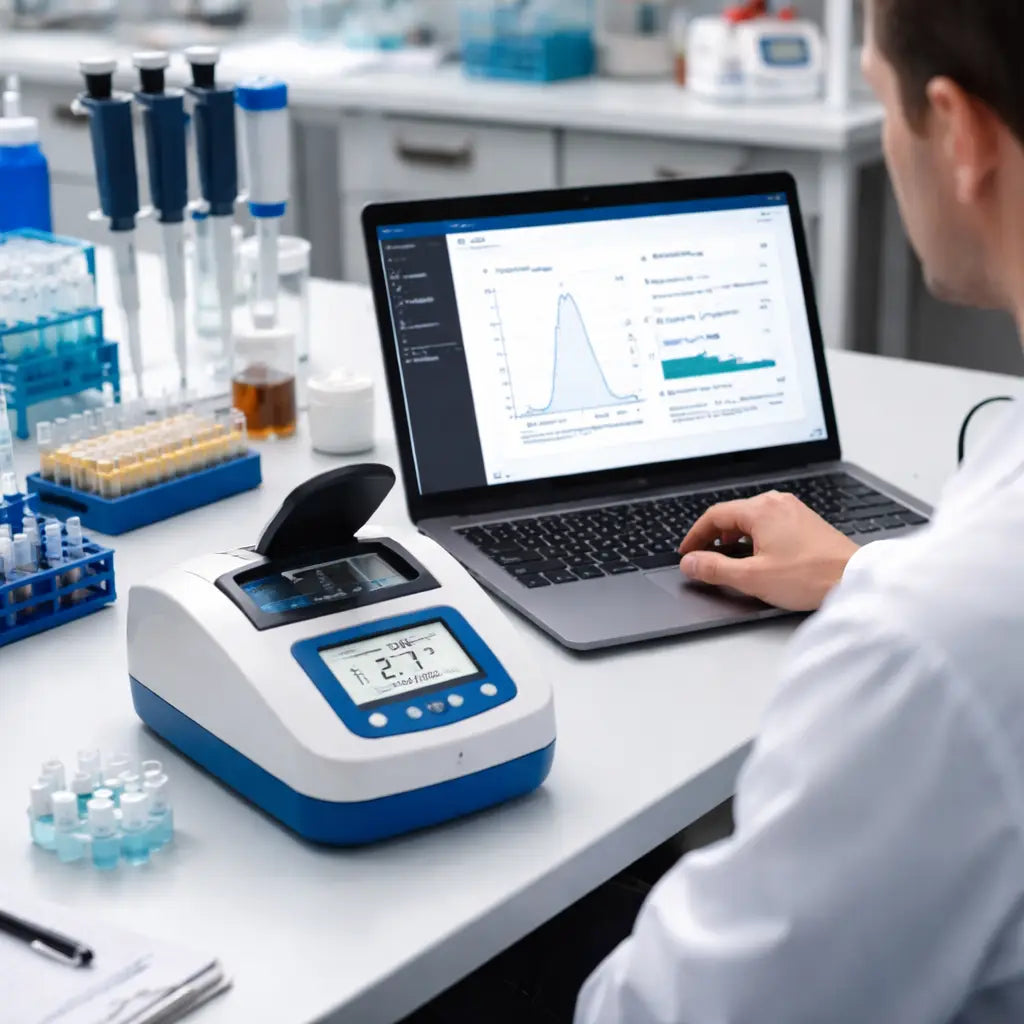 A photorealistic lab bench with an affordable DNA quantification fluorometer displaying results on a laptop screen, a scientist in a lab coat reviewing data. Alt: Affordable DNA quantification fluorometer in use on a bench.