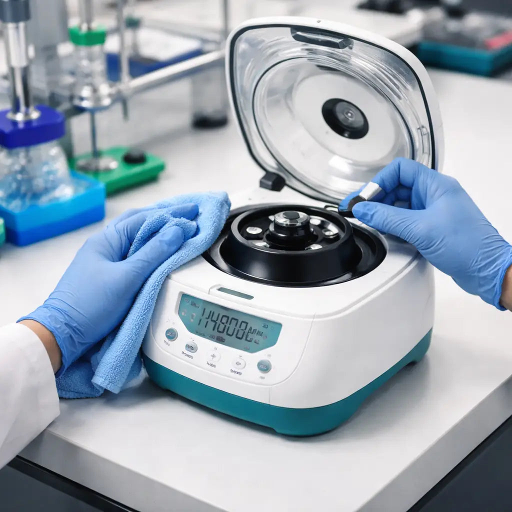 A photorealistic lab bench showing an affordable microcentrifuge for genomics being cleaned, with a technician wiping the exterior and checking the rotor. Alt: Affordable microcentrifuge maintenance for genomics labs.