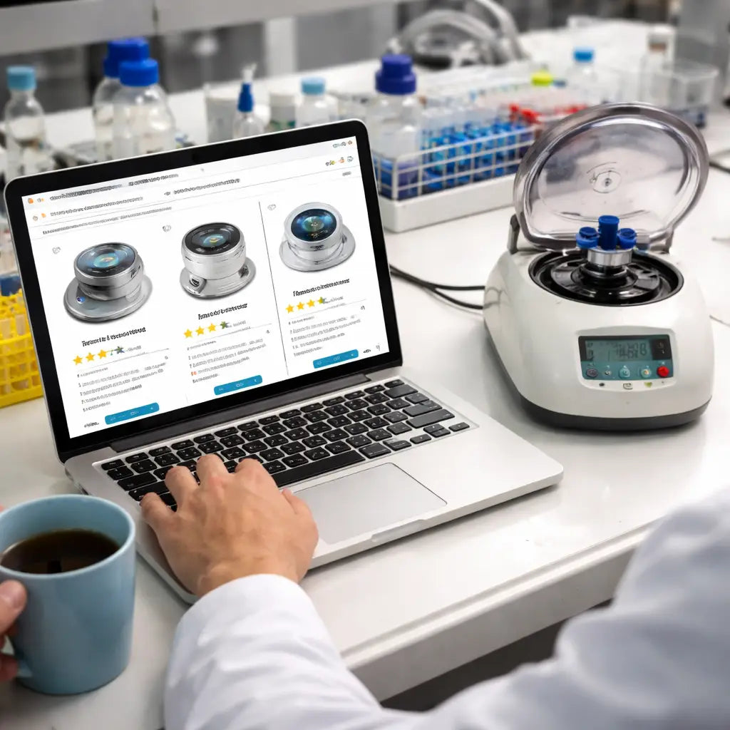 A photorealistic lab bench showing a researcher comparing microcentrifuge listings on a laptop, with a used microcentrifuge unit beside it, realistic lighting, alt: affordable microcentrifuge for labs comparison scene.
