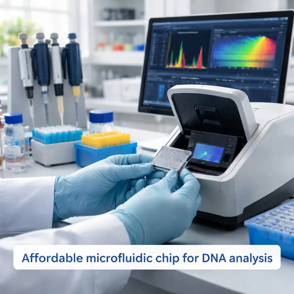 A photorealistic lab bench showing a researcher loading a small microfluidic chip into a benchtop DNA analysis device, with pipettes, a computer screen displaying fluorescence data, and a label reading “affordable microfluidic chip for DNA analysis”. Alt: Affordable microfluidic chip workflow on a lab bench.