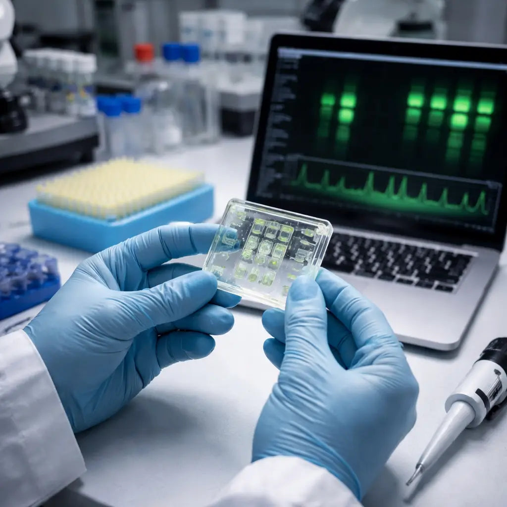 A photorealistic lab bench with a researcher holding a low-cost microfluidic chip next to a pipette and a laptop displaying DNA fluorescence data. Alt: Affordable microfluidic chip for DNA analysis setup in a research lab.