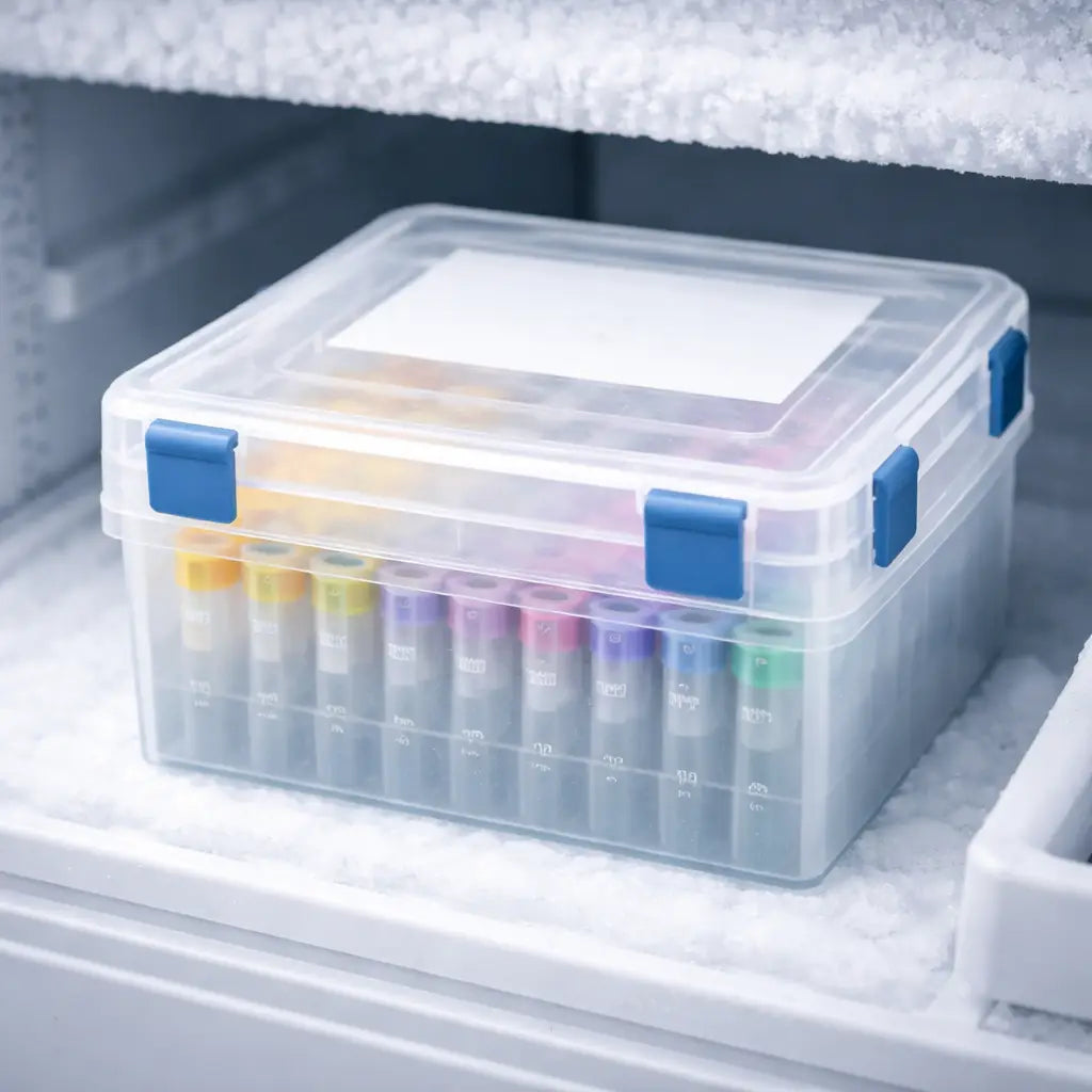 A photorealistic close‑up of a polypropylene storage box with a snap‑fit lid sitting inside an ultra‑low temperature freezer, showing frost‑free seal and clear labeling slots. Alt: affordable nucleic acid sample storage boxes with sturdy material and secure lid.