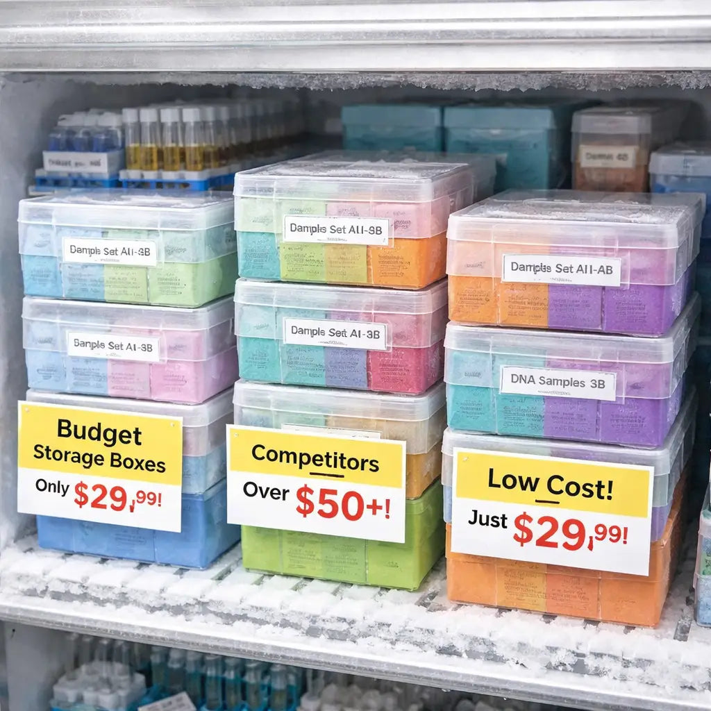 A photorealistic lab freezer interior showing stacked affordable nucleic acid sample storage boxes with clear labeling and price tags attached. Alt: affordable nucleic acid sample storage boxes displayed with cost comparison notes.