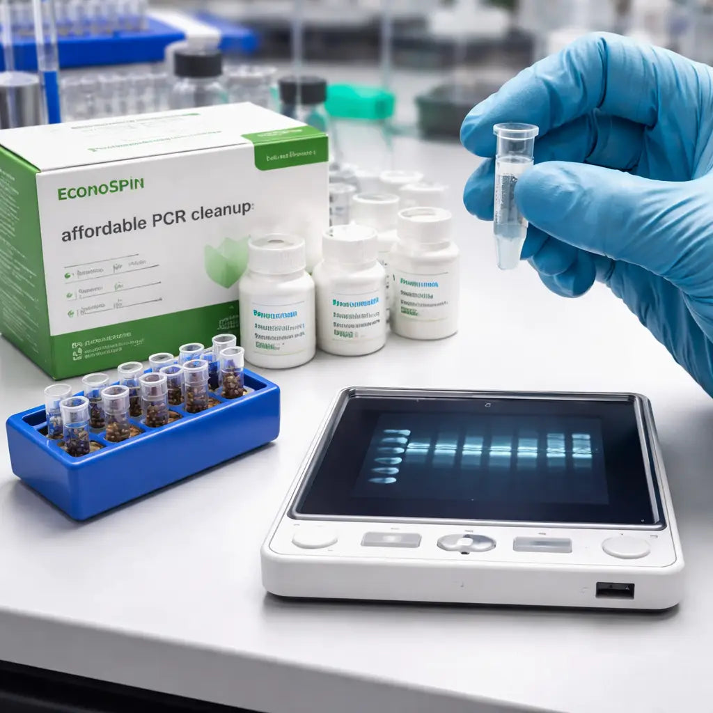 A photorealistic lab bench with a researcher holding a microcentrifuge tube of eluted DNA, a magnetic rack with beads, and a gel image showing clear bands. Alt: affordable PCR cleanup kit for research validation and cost‑saving.