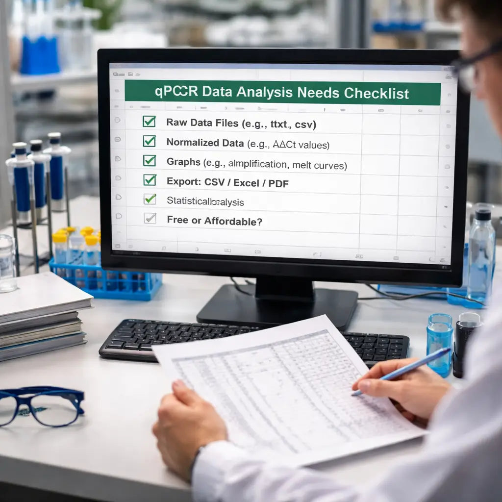 A photorealistic lab bench with a computer screen showing a simple spreadsheet checklist for qPCR data analysis needs, realistic lighting, focused on a researcher reviewing file types and export options. Alt: Affordable qPCR data analysis software free checklist visual.