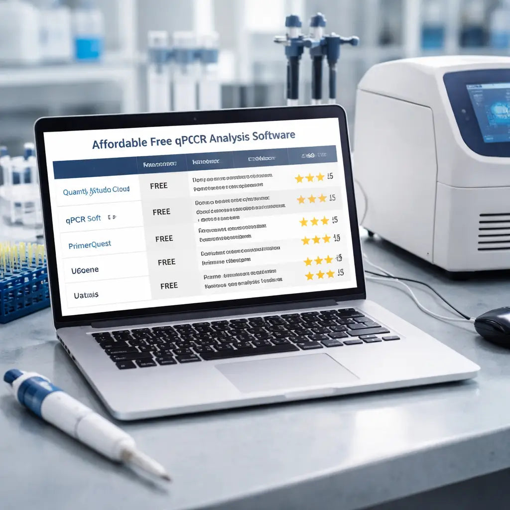 A photorealistic lab bench with a laptop displaying a comparison table of qPCR software scores, a pipette, and a qPCR machine, highlighting affordable free analysis tools. Alt: Table comparing affordable qPCR data analysis software free.