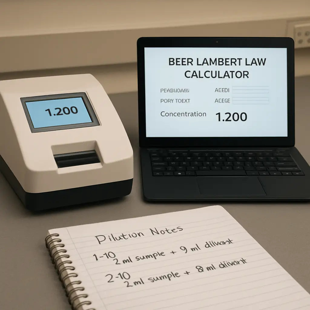 A lab bench with a spectrophotometer screen showing a concentration number, a laptop displaying a beer lambert law calculator, and a notebook with dilution notes. Alt: Interpreting Beer Lambert law calculator results on a lab bench.