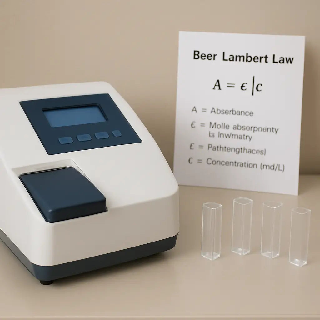 A laboratory bench with a spectrophotometer, cuvettes, and a printed Beer‑Lambert equation chart. Alt: Beer Lambert law example absorbance calculation.